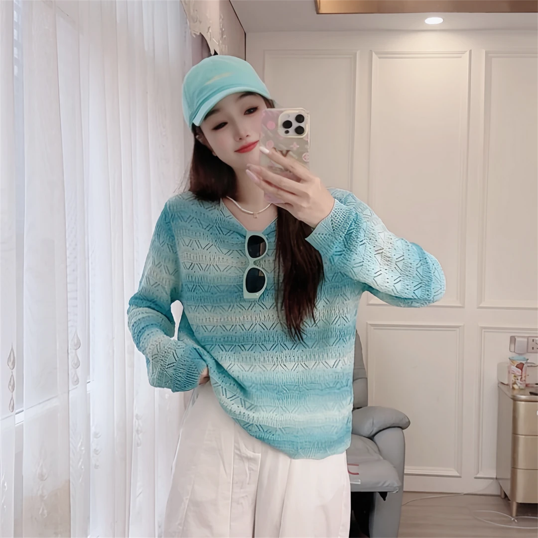 2557现货春夏出行针织衫长袖宽松女装渐变彩色条纹韩版套头罩衫