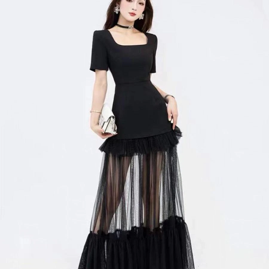 女装连衣裙夏季公主气质长款蕾丝时尚黑色名997