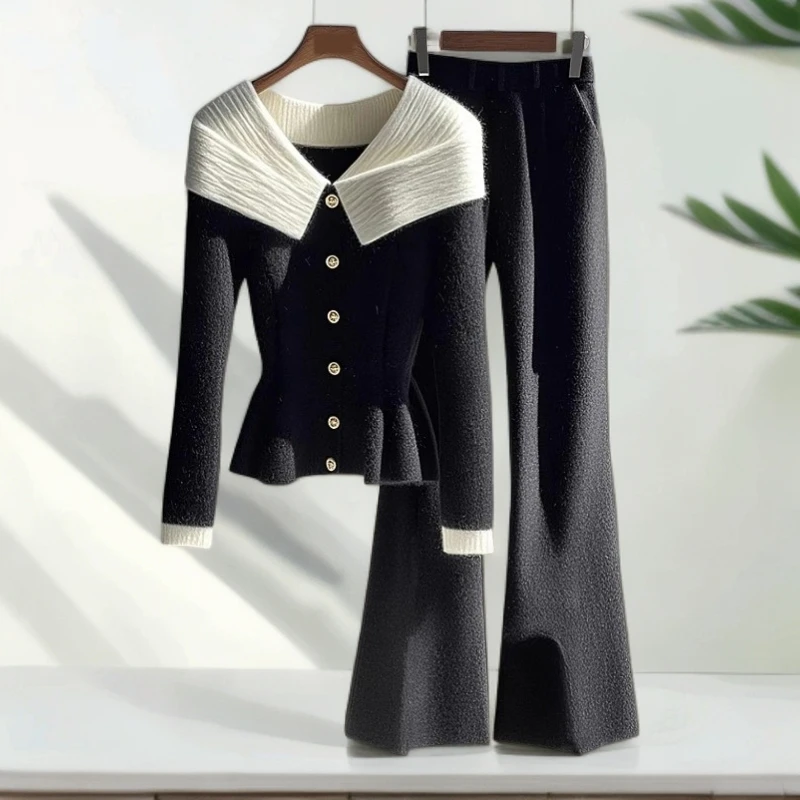 冬季穿搭一整套高级感气质名媛高端小香风黑色翻领毛衣阔腿裤套装
