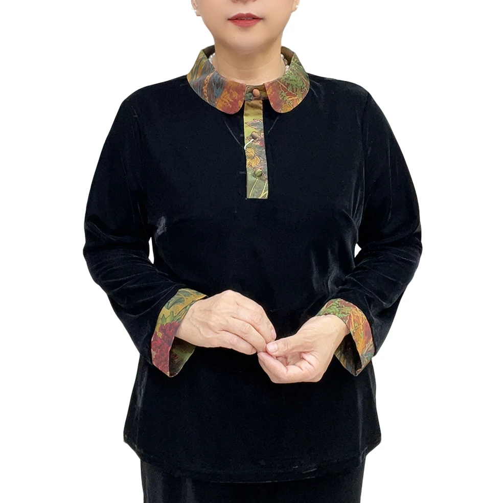 新款翻领长袖丝绒气质妈妈装秋冬小衫中老年衬衫时尚洋气打底衫