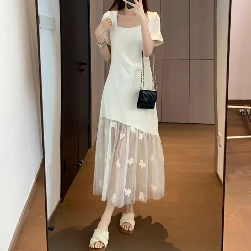 宝丫轻奢  T女式法式浪漫方领蝴蝶刺绣网纱泡泡袖连衣裙K2647