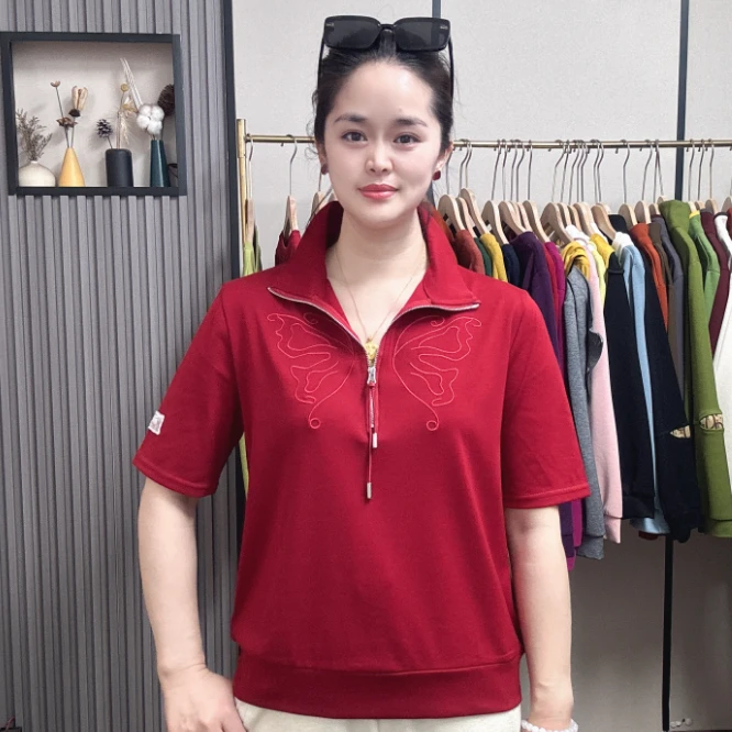 刺绣短袖T恤女洋气2025夏季新款宽松百搭外穿时尚妈妈半袖上衣潮