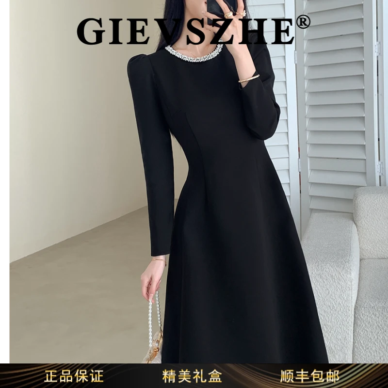 纪诗哲赫本风长裙设计感中长裙气质名媛藏青早秋显瘦高腰连衣裙女
