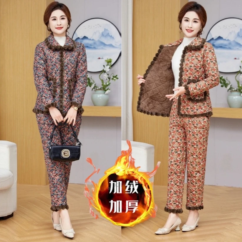 冬季新款加绒加厚保暖外穿棉衣棉裤妈妈套装中老年女装保暖两件套
