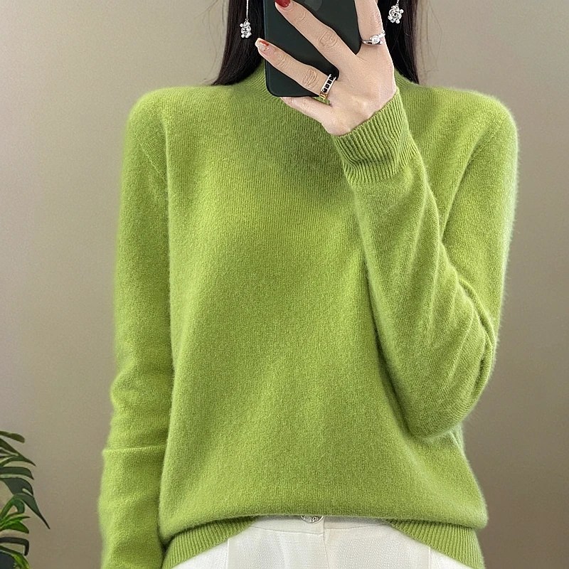 专柜正品网红针织百搭羊毛衫女士宽松半高领加厚秋冬纯色打底毛衣