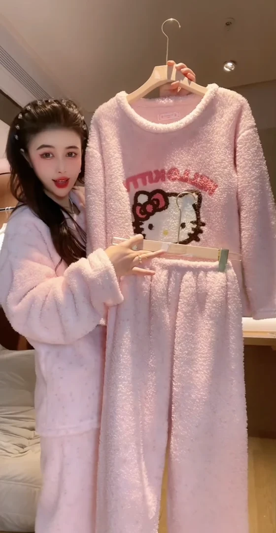 韩系2025冬季卡通减龄家居舒适加绒加厚珊瑚绒圆领长袖+长裤套装