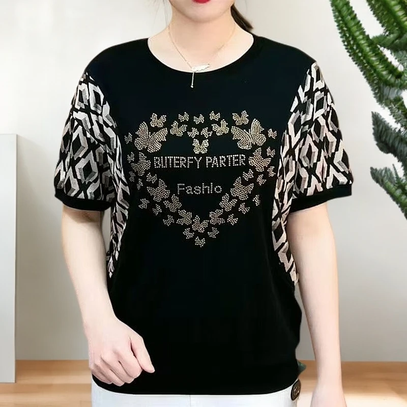 中老年妈妈装短袖t恤女夏季新款宽松遮肚子显瘦200斤休闲时尚烫钻