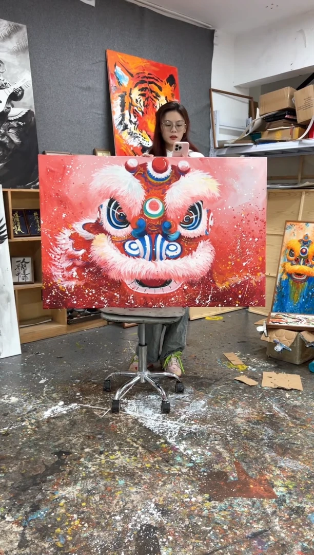 【闪购商品】丙烯画丫丫老师红色醒狮加框