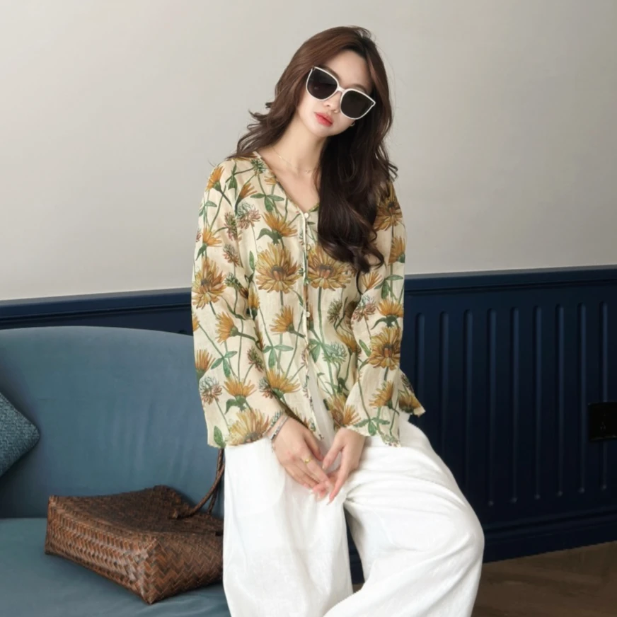 【AC私服专属】复古雏菊夏季印花上衣-宽松衬衫气质长袖薄款衬衣