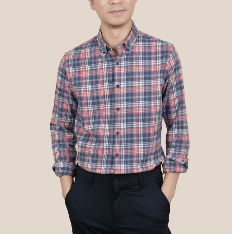 春秋时尚百搭男士商务100%长绒棉休闲长袖衬衫格子纯棉磨毛衬衣