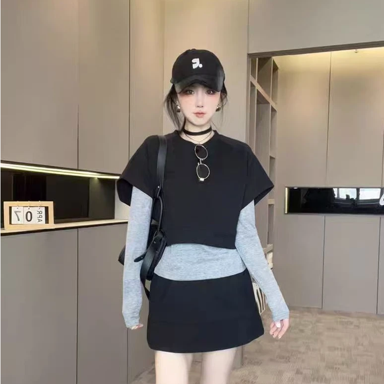 圆领卫衣长袖T恤高腰短裙半身裙套装三件套女2025秋季新款欧洲站