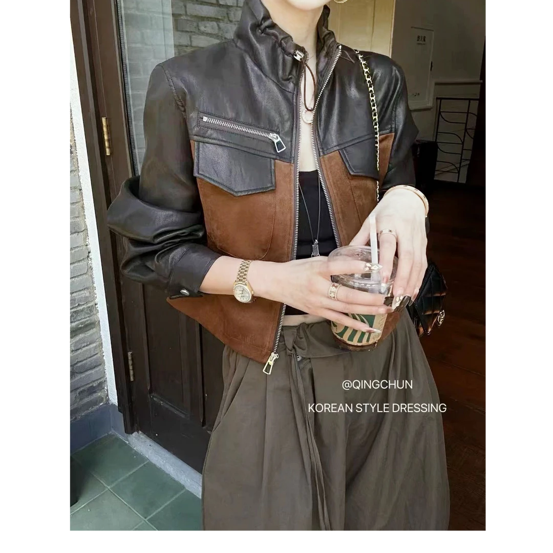 拉链秋季短款简约短外套休闲设计师百搭时尚洋气百搭拼接皮衣外套