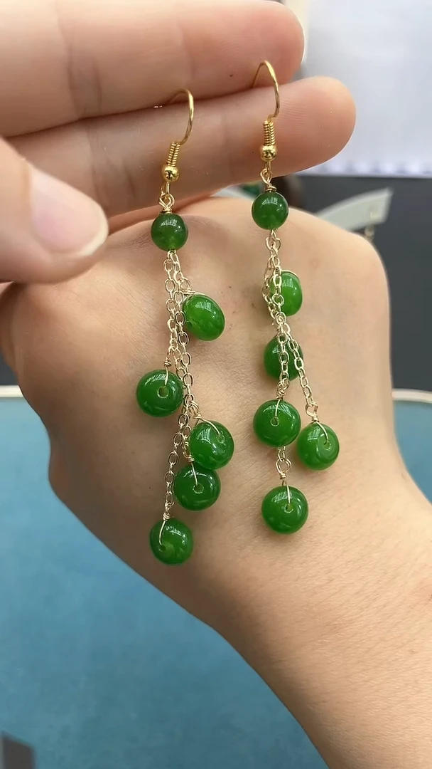 和田玉14K金镶嵌耳饰绿色十全十美