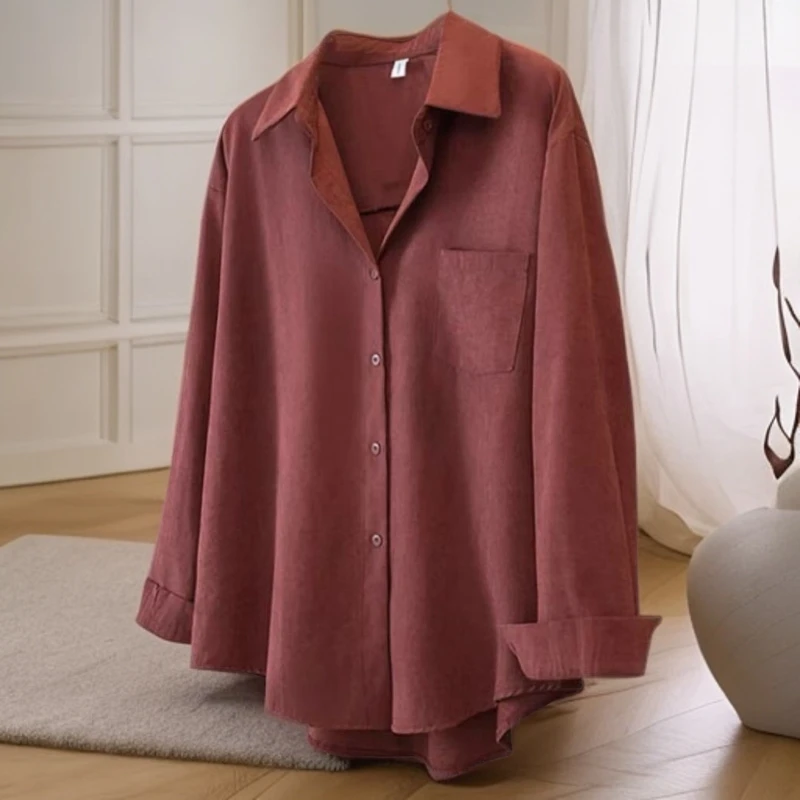 （3095红色衬衫）秋冬新款红色V领长袖衬衫71/77