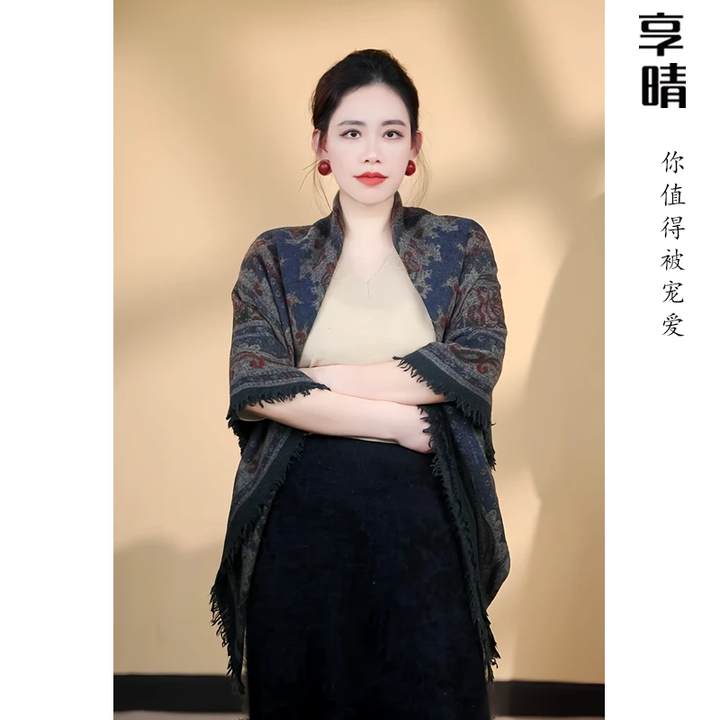 享晴【墨韵佩斯】秋冬新款山羊绒梭织复古印花方巾披肩保暖百搭