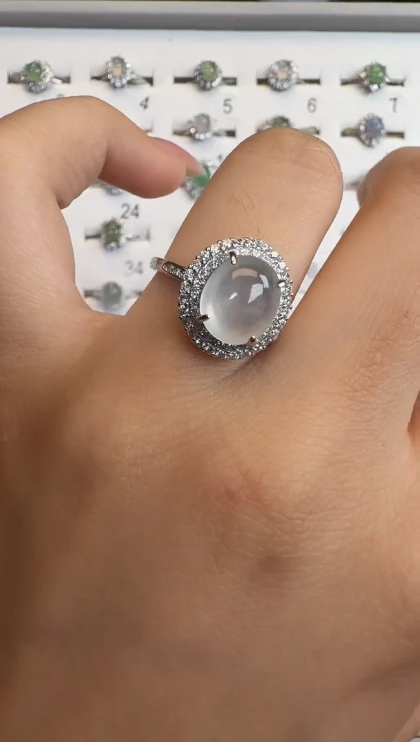 银S925镶嵌戒指翡翠通体925银镶缅甸A货翡翠戒指198