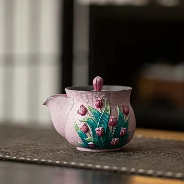 【小璟鹅】栖花漫语-郁金香-宝瓶 中式老岩泥陶瓷手抓壶泡茶壶160ml