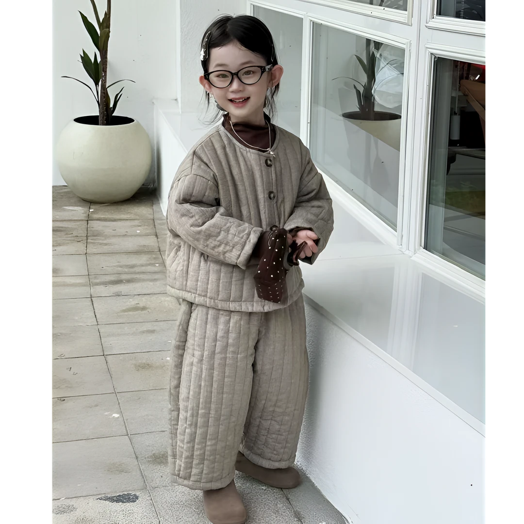 新款儿童韩版2025夹棉圆领棉服外套男女宝宝纯色保暖洋气两件套装