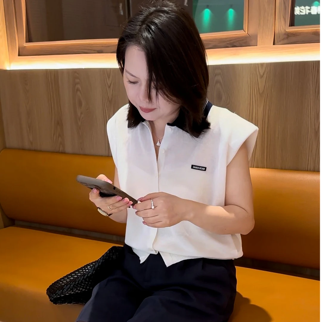 夏季新款女Polo领撞色垫肩无袖针织欧货宽松百搭显瘦小香减龄翻领