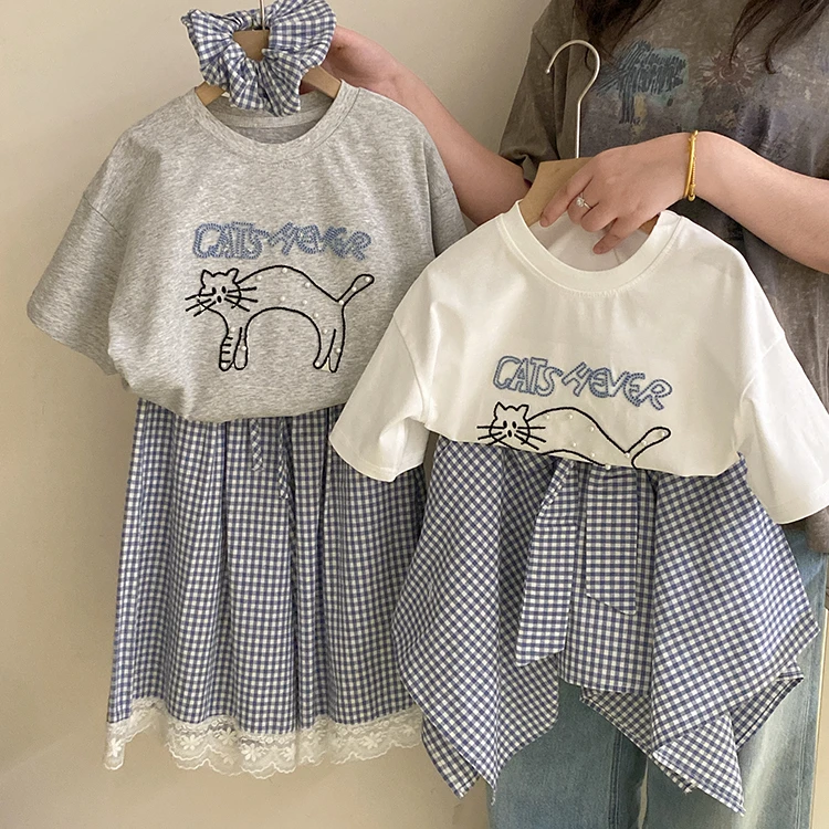 【安安家】韩版女童夏季字母卡通猫咪短袖格子裤不规则短裙Z-XL002