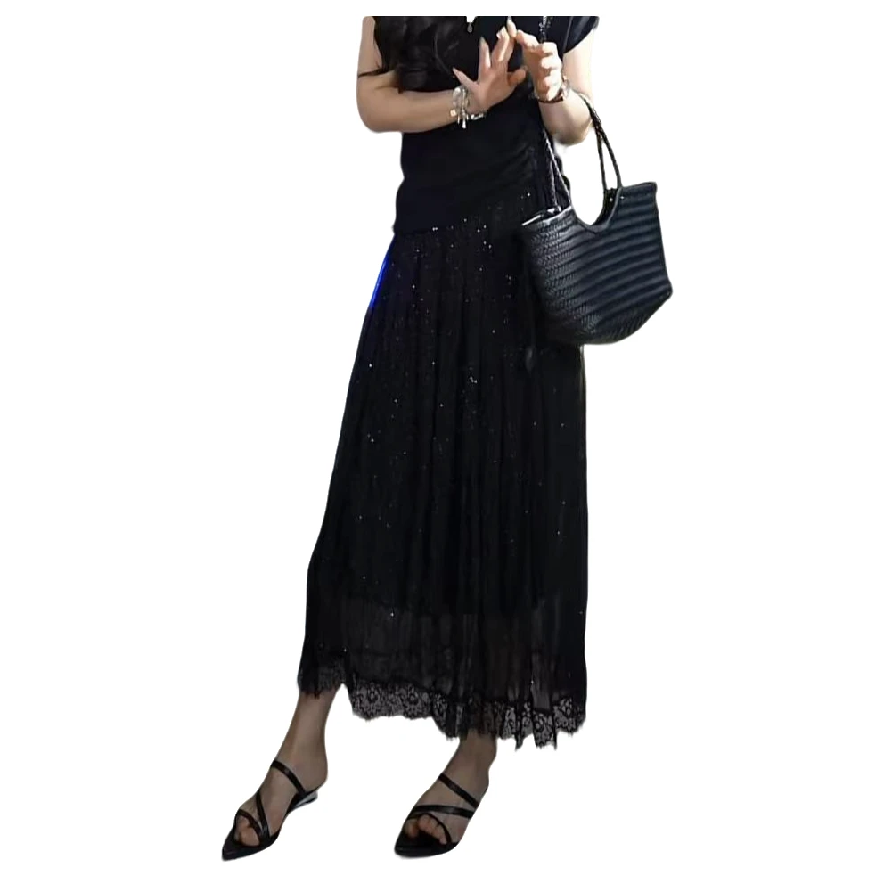 时尚气质百搭显瘦名媛复古满天星女士压褶A字松紧腰半身裙ML2535Q