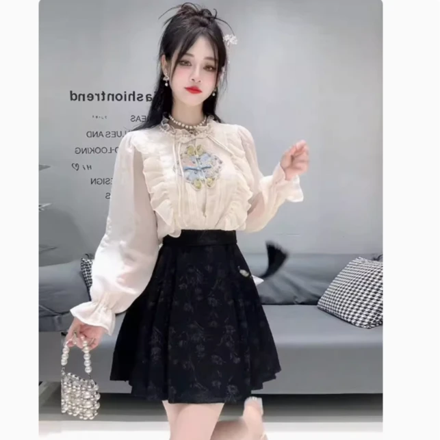 高级感时尚套装女春小个子穿搭新中式国风雪纺衬衫马面短裙两件套