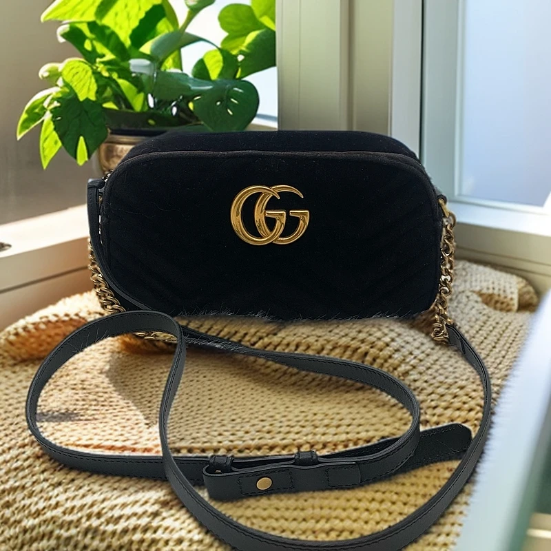 95新 GUCCI/古驰 丝绒马蒙相机黑金5901