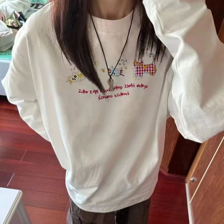 纯棉长袖圆领印花T恤小众美式春秋宽松休闲印花卫衣百搭打底女士
