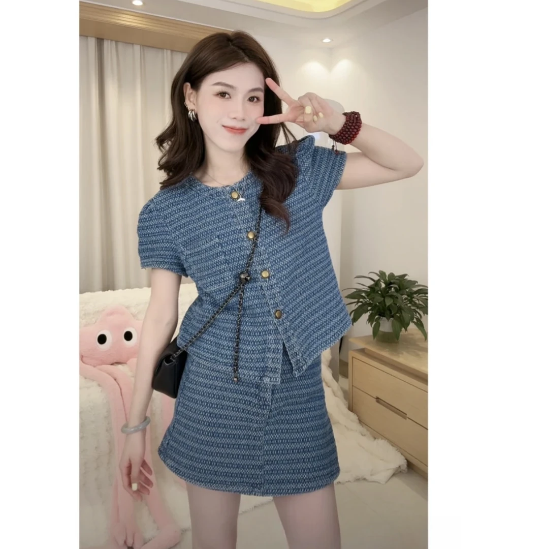 时尚牛仔上衣短裙两件2025夏季新款修身显瘦套装炸街时尚港风