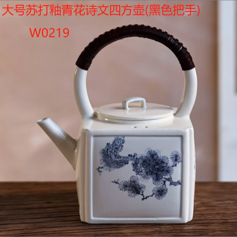 阿茶  大号苏打釉青花诗文四方壶(黑色把手)600ml零配（W0219）