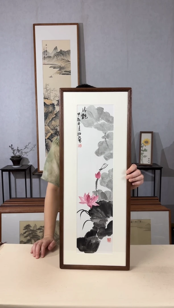 国画手绘*荷花*28*72cm实木框