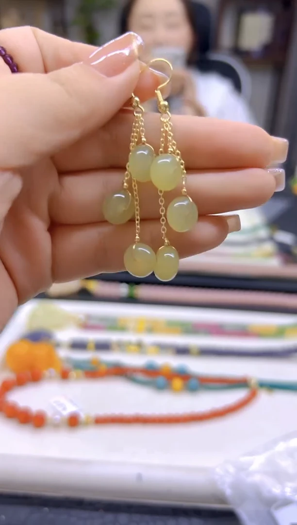 和田玉14K金镶嵌耳饰DIY款E841