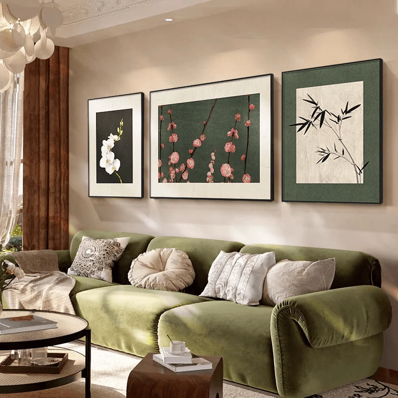 中古风小清新客厅装饰画抽象艺术沙发背景墙挂画雅古风韵三联壁画