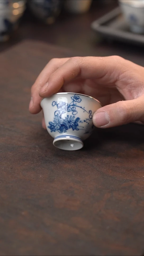 仿明手绘桃竹梅单杯包银口