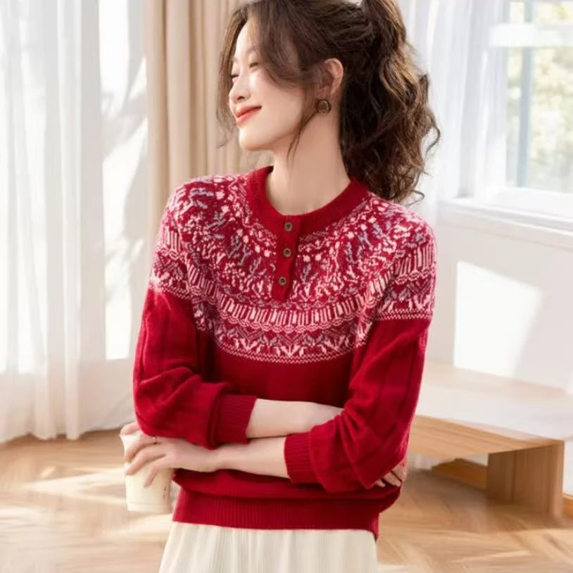 X0174-秋冬新款全羊毛费尔岛红色圆领针织衫气质百搭休闲高端上衣