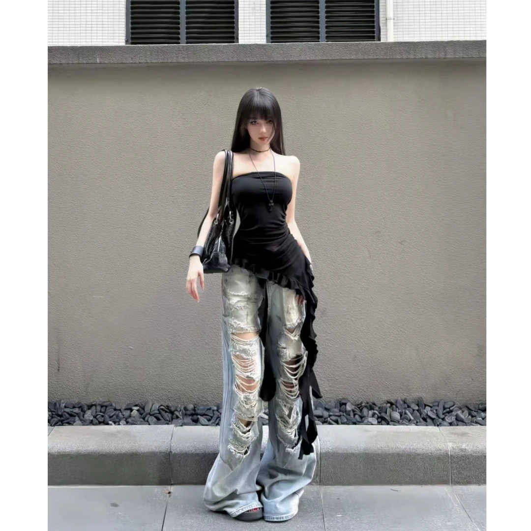 美式辣妹2025夏季新款性感不规则一字肩抹胸上衣配破洞牛仔裤套装