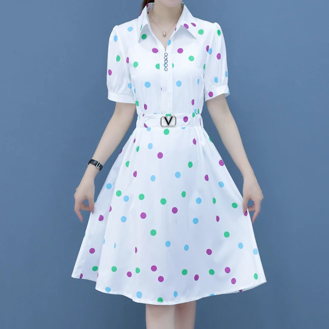 夏季爆款高档波点裙显瘦遮肚雪纺裙短袖中长款清新收腰连衣裙女