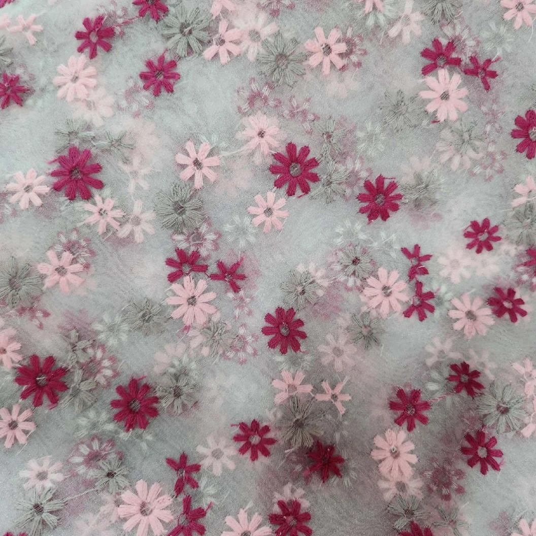 【国内现货】白底粉花欧根纱刺绣面料手工diy服装布料半米