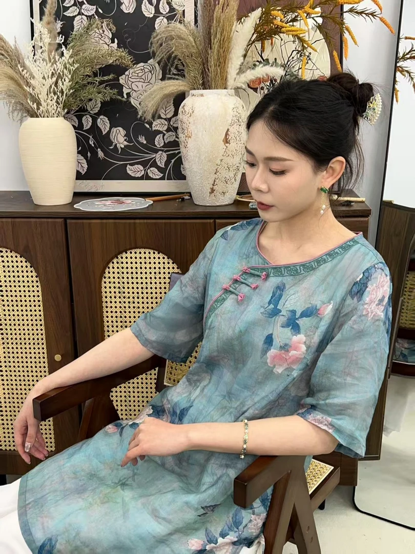 【凤穿牡丹】2025夏装新款短袖上衣印花苎麻宽松圆领大码气质百搭