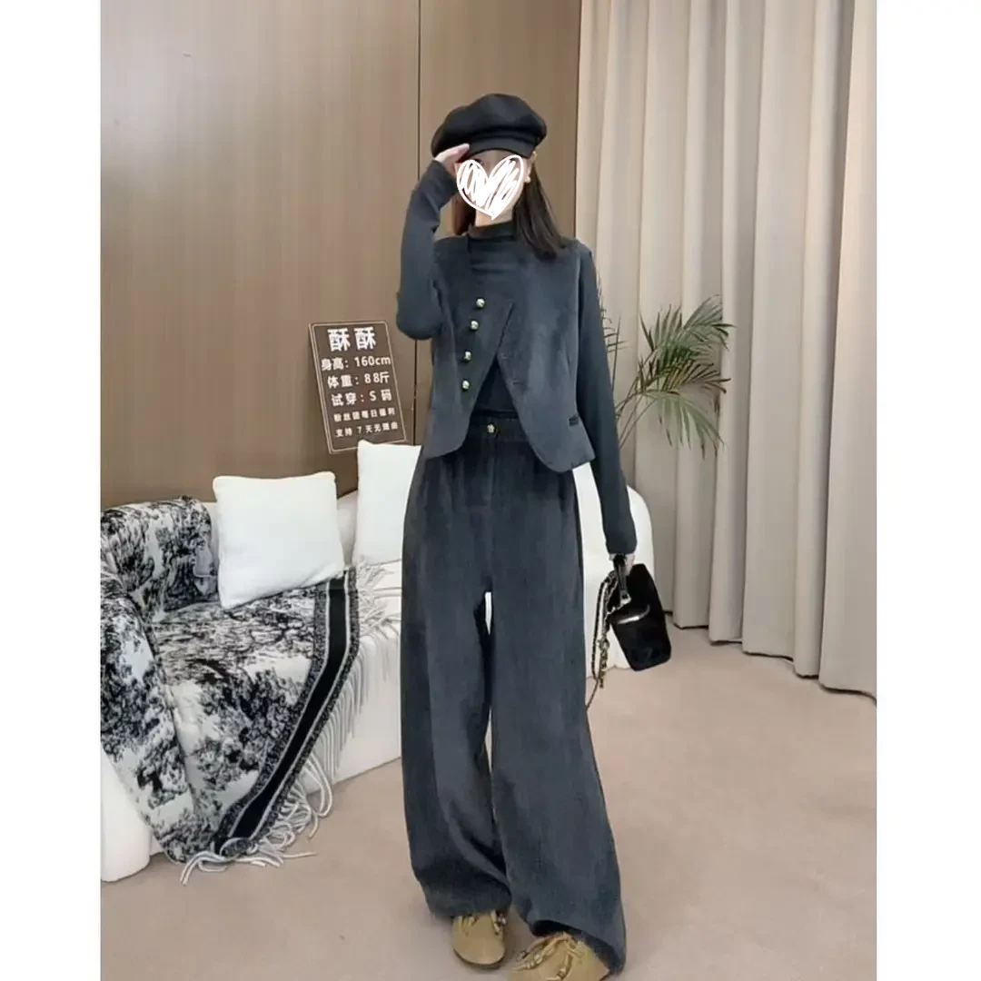 灰色法式时尚马甲套装女2025秋季新款设计感宽松休闲直筒裤三件套
