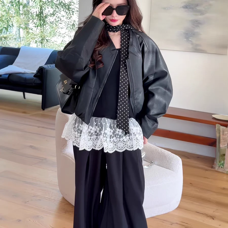 25221-4轻奢风黑色PU皮衣外套女春季新款韩系时尚百搭夹克上衣