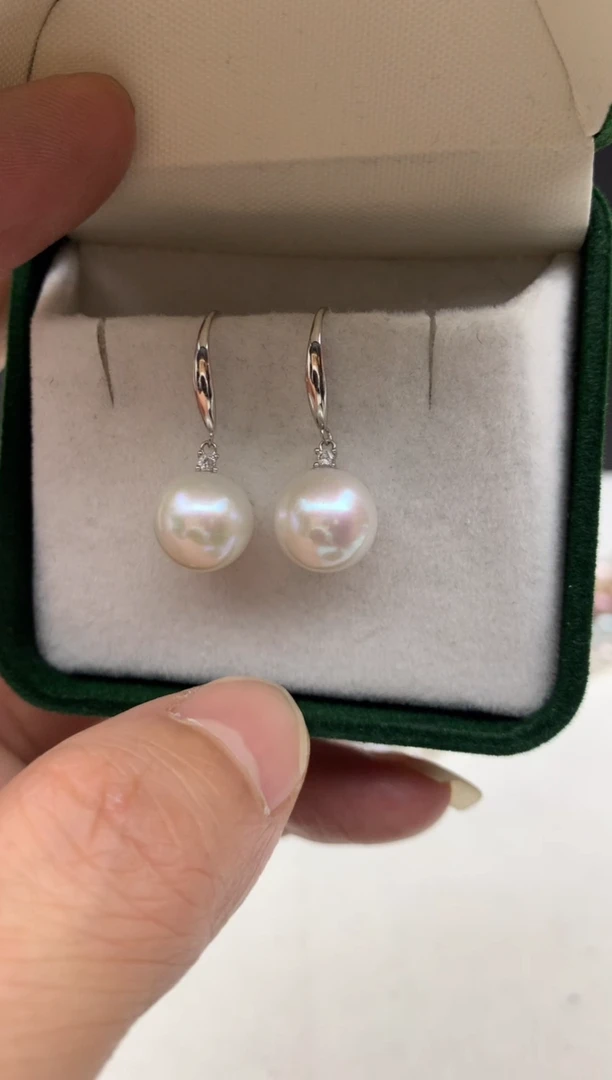 银S925镶嵌ff淡水珍珠白珠耳饰10~11mm