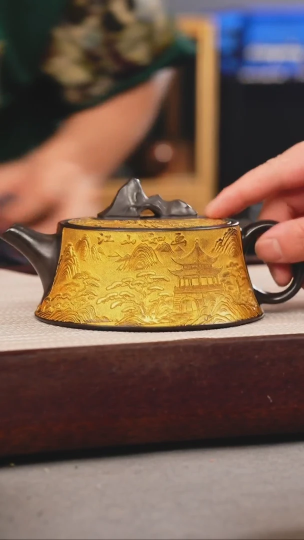 茶壶紫砂石黄 太湖石钮柱础 观山 描金