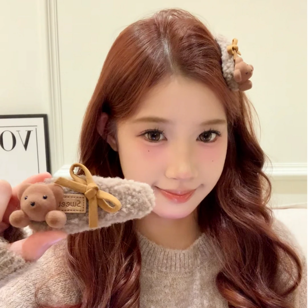秋冬可爱咖色毛绒蝴蝶结小熊发夹女侧边发卡百搭头饰前额刘海夹