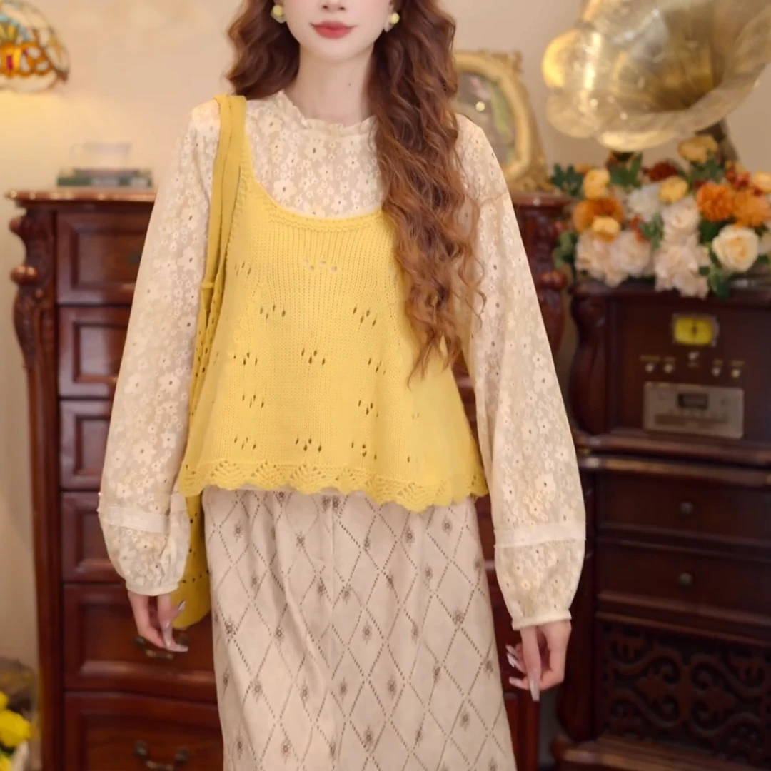 【霓虹梦境】秋季港风复古针织T恤+吊带马甲上衣两件套LK2506600