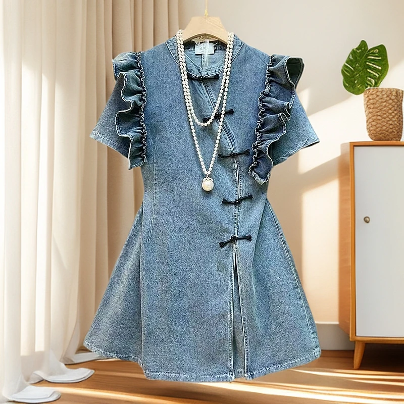 新中式国风套装女夏季盘扣小飞袖开叉牛仔连衣裙子阔腿短裤两件套