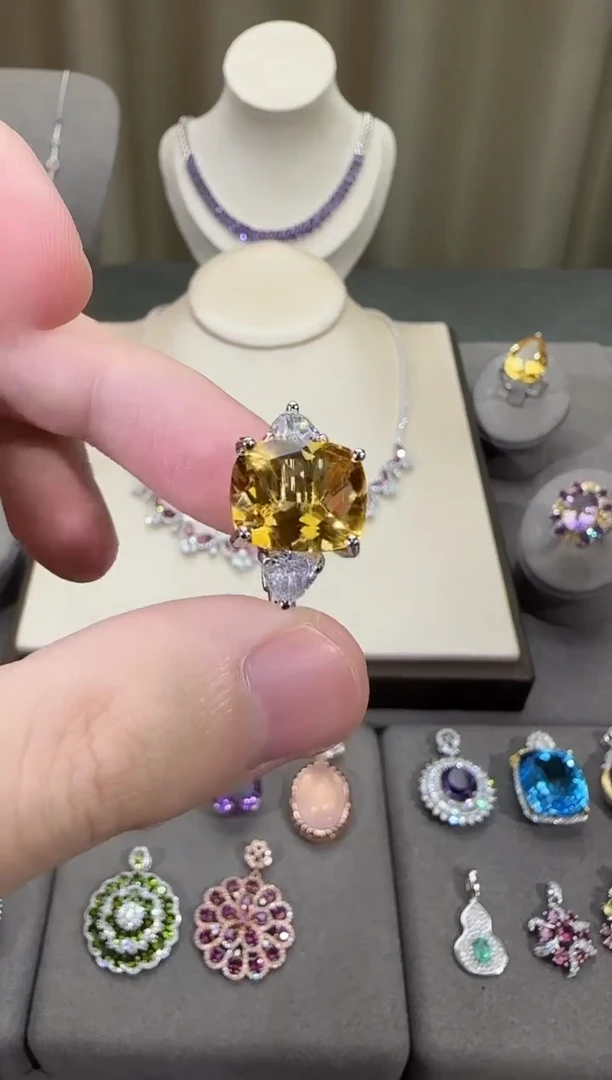 银S925镶嵌戒指黄晶12*10mm戒指无事牌设计款