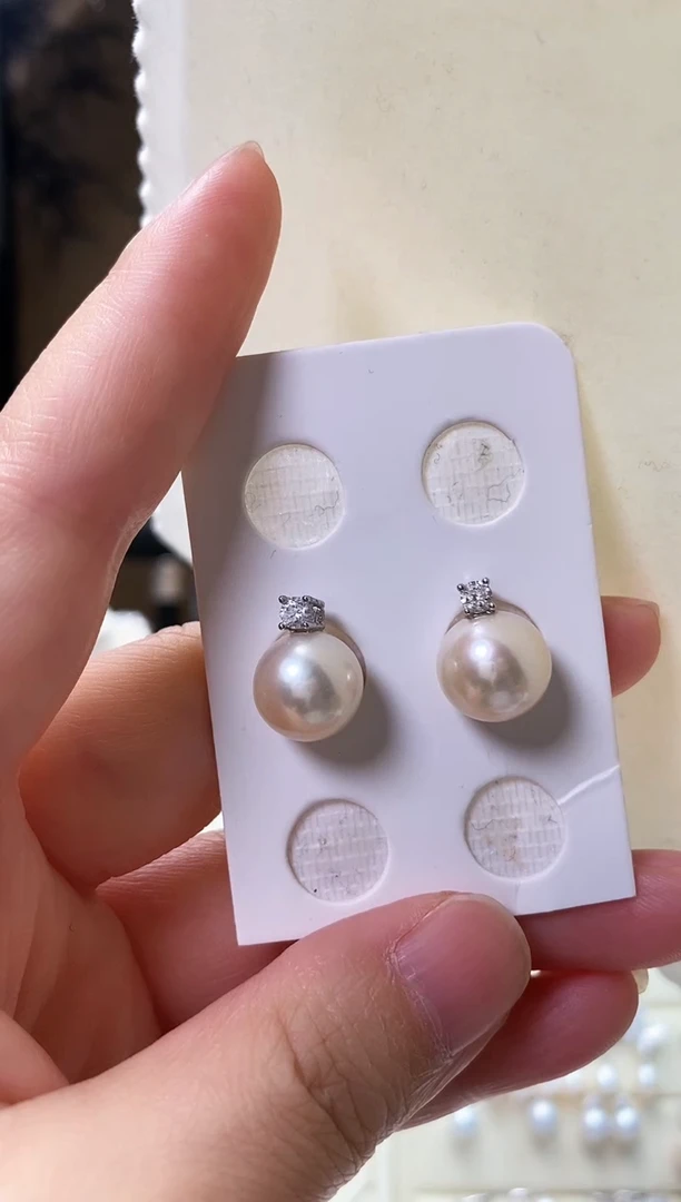 银S925镶嵌耳饰淡水珍珠10.5mm微瑕