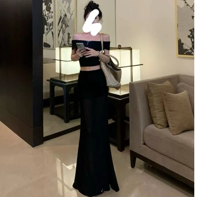 【现货】一字肩性感辣妹短款上衣时尚气质网纱拼接包臀半身短裙套装