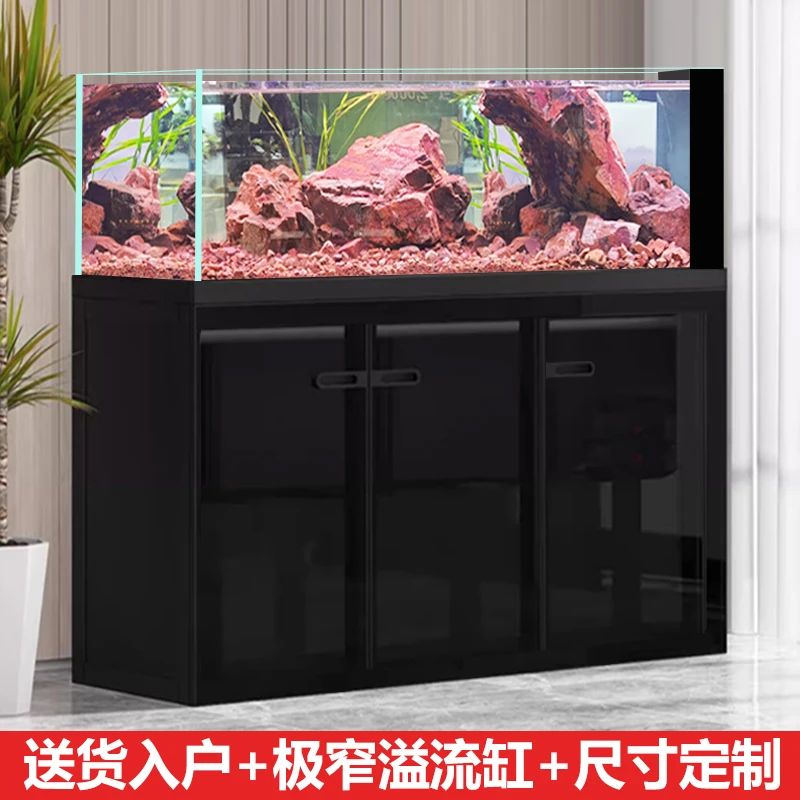 极窄溪流缸家用客厅中大型工业风侧溢流溪流缸兰寿鱼缸超白水草缸